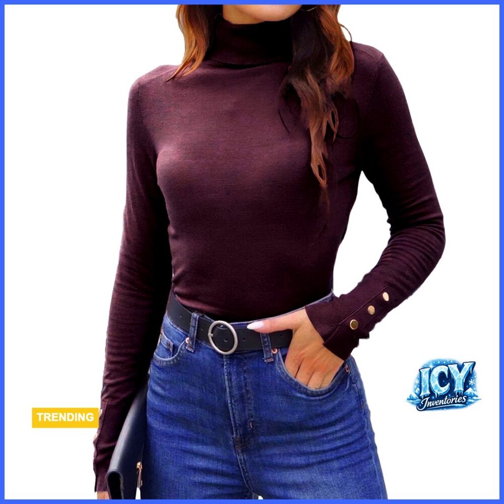 Fitted Turtleneck Sweater Lightweight Knit Pullover Metal Buttons